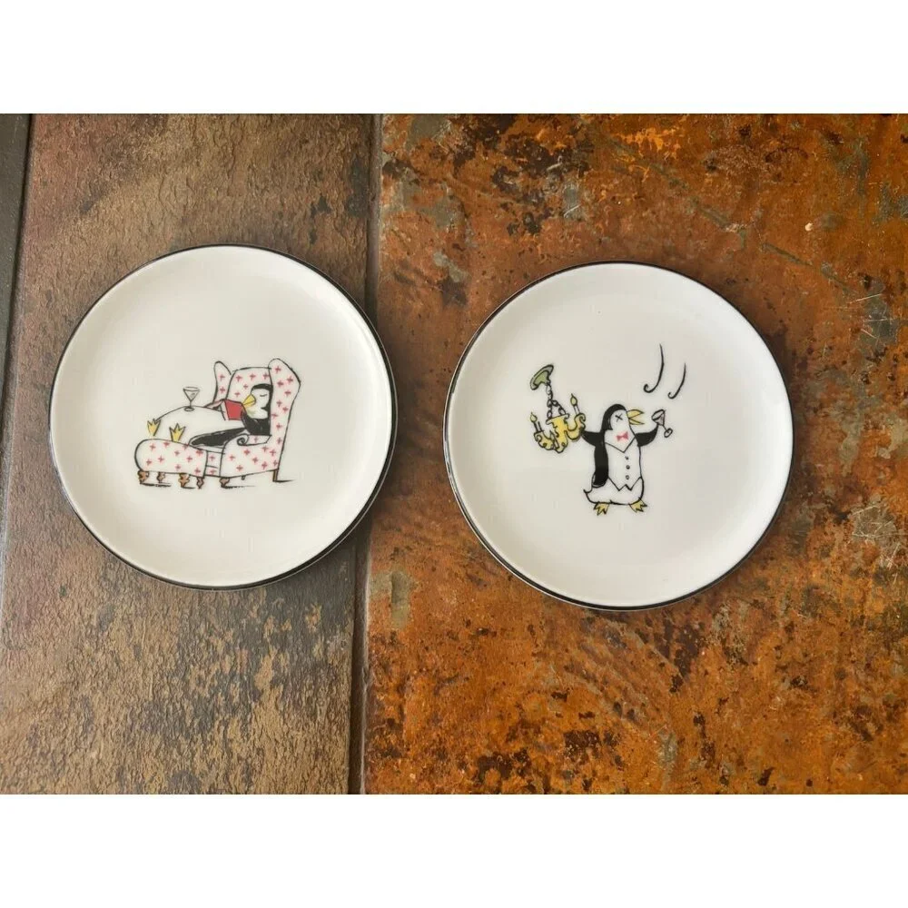 Set of 8 Pottery Barn  Festive Penguins Martinis Coasters Small Plates 4